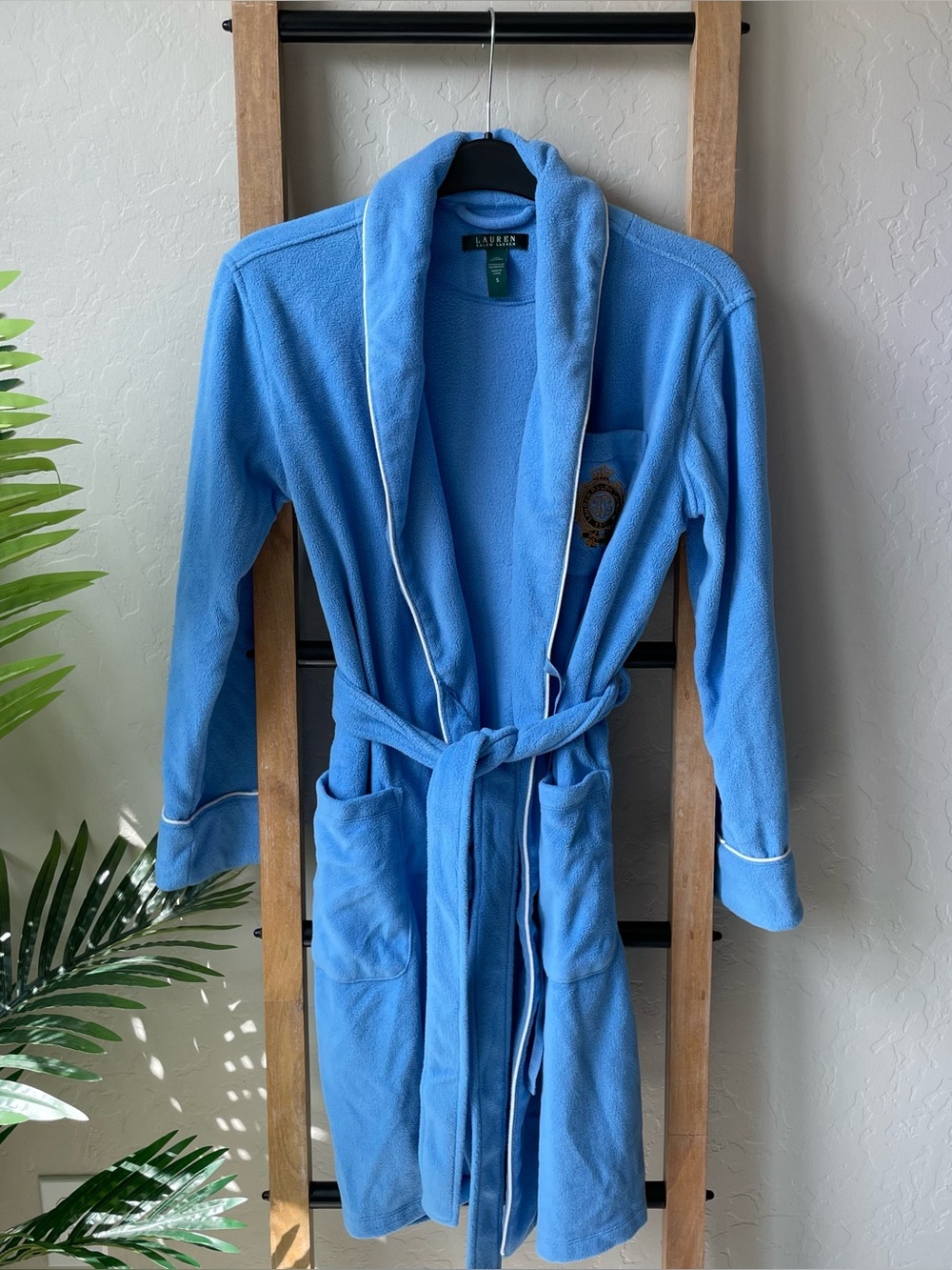 Ralph Lauren Light Blue Fleece Bathrobe with Embroidered Crest